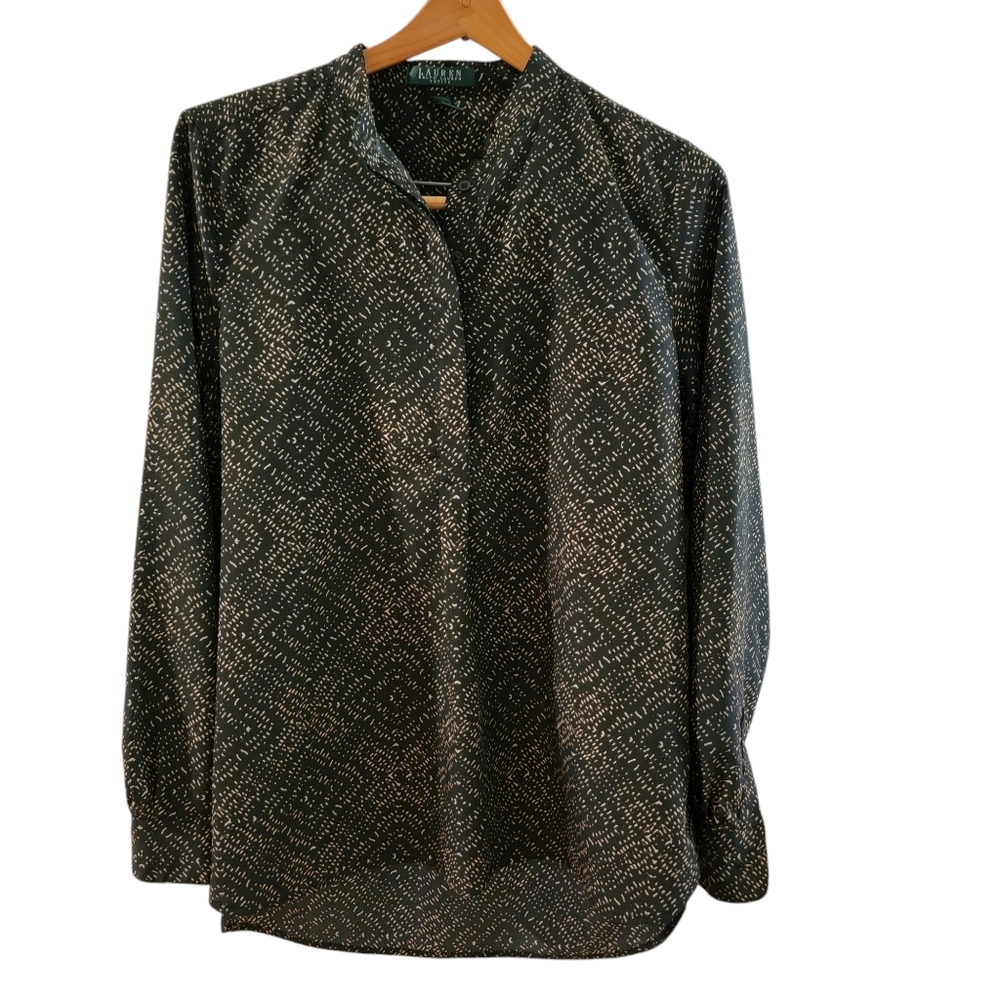 Lauren Ralph Lauren Long Sleeve Blouse Black Tan Petite Large